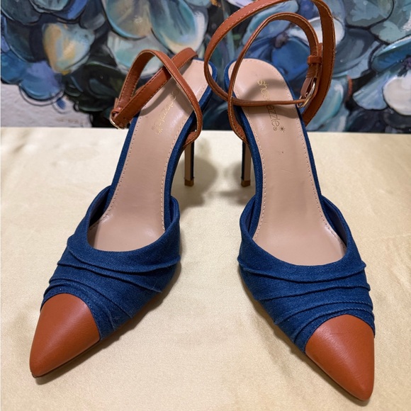 Shoe Dazzle Shoes - ShoeDazzle Brionna Denim Pointed Toe With Cap Ankle Strap Stiletto Heels Size 10